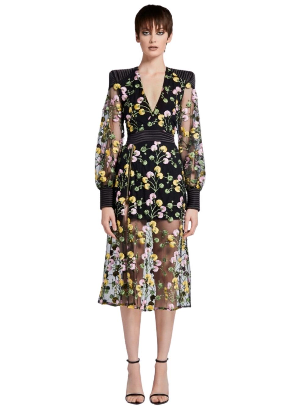 Zhivago White Rabbit Embellished Floral Mesh Midi Dress Black Women's Size US 8
